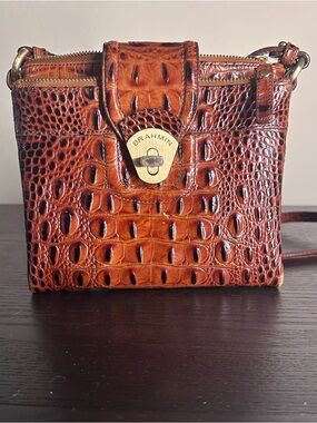 Brahmin Cognac Croc-Embossed Mini Crossbody with Gold Hardware